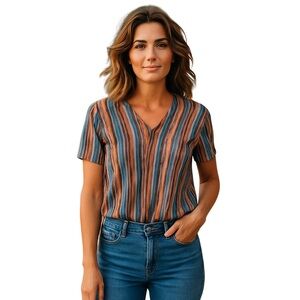 Sami & Jo Blue and Brown Relaxed 3/4 Sleeve Blouse